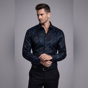 Albertini Metallic Blue Pattern Modal Stretch Dress Shirt NWT Luxury Club Style